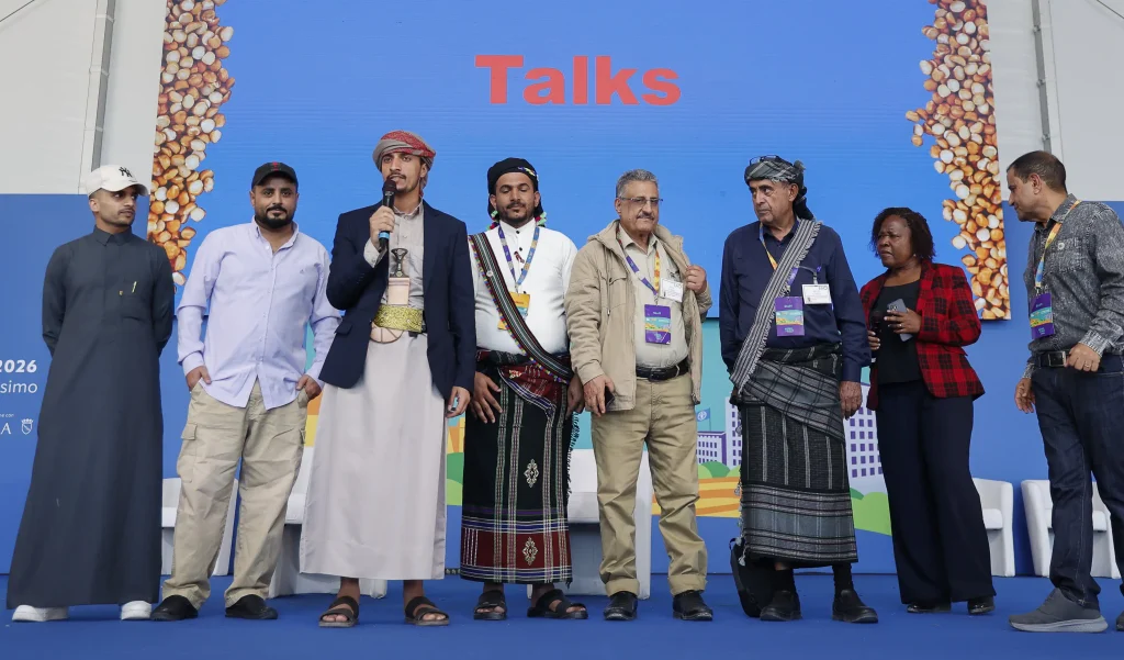 Abdulrazzaq Al-Khishani of Mocha Land speaking on the FAO Talks stage during the FAO Global Exhibition 2026 in Rome